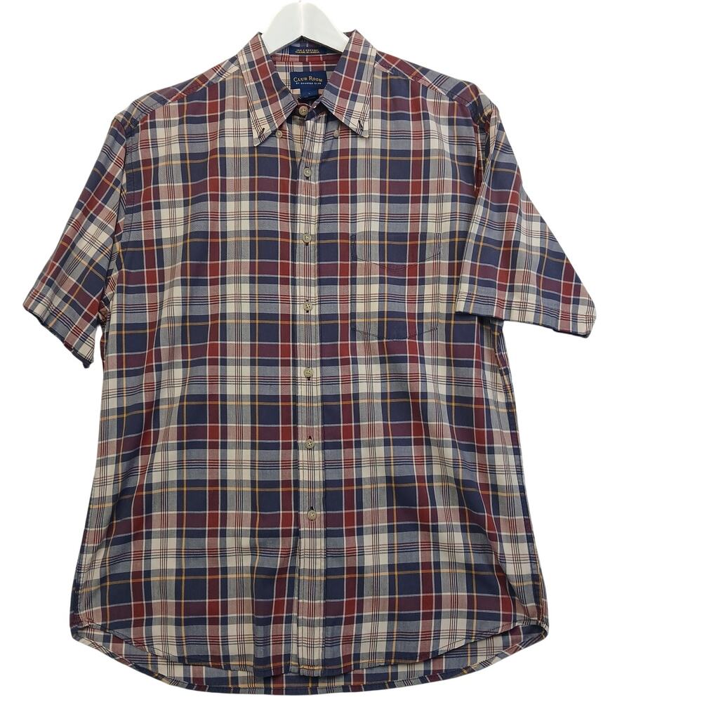Club Room Mens Large Plaid Short Sleeve Button Up Shirt Blue Red Cotton